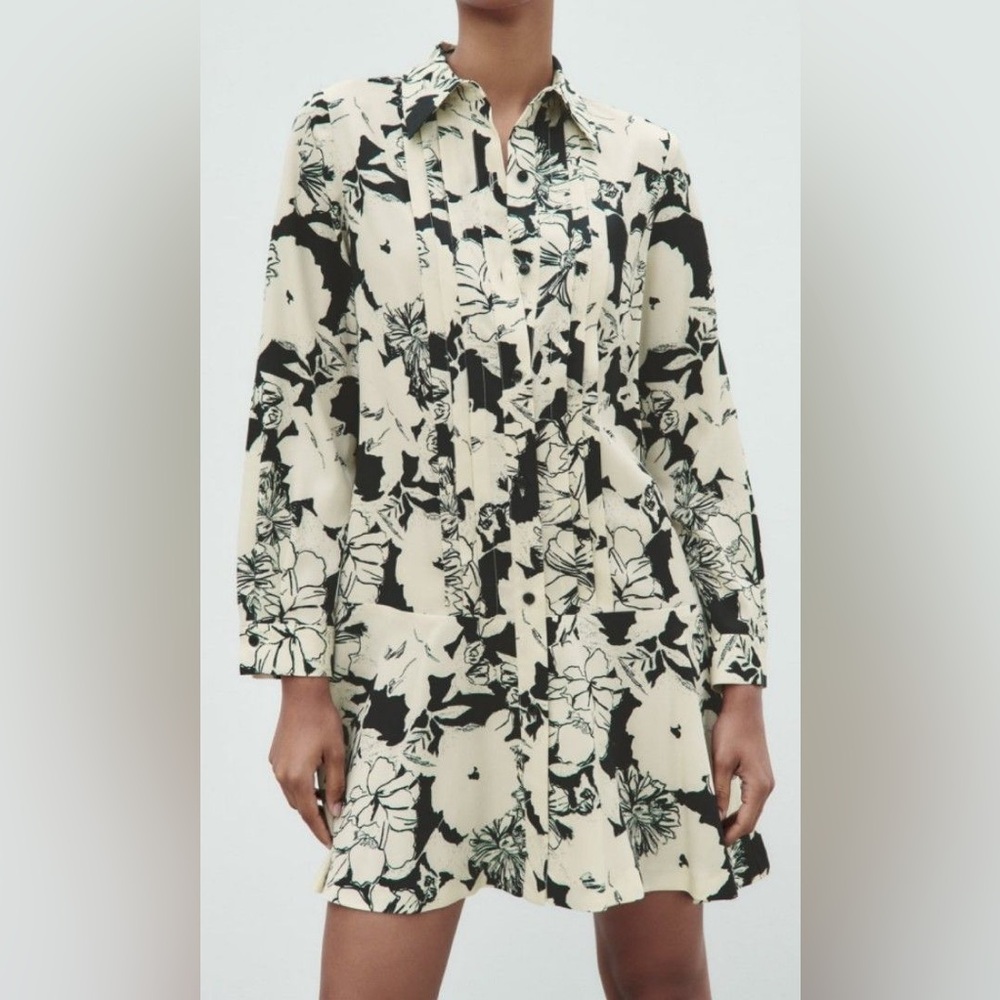 New Zara Floral Shirt Dress Collar Ruffle Hemline Long Sleeve Size XS